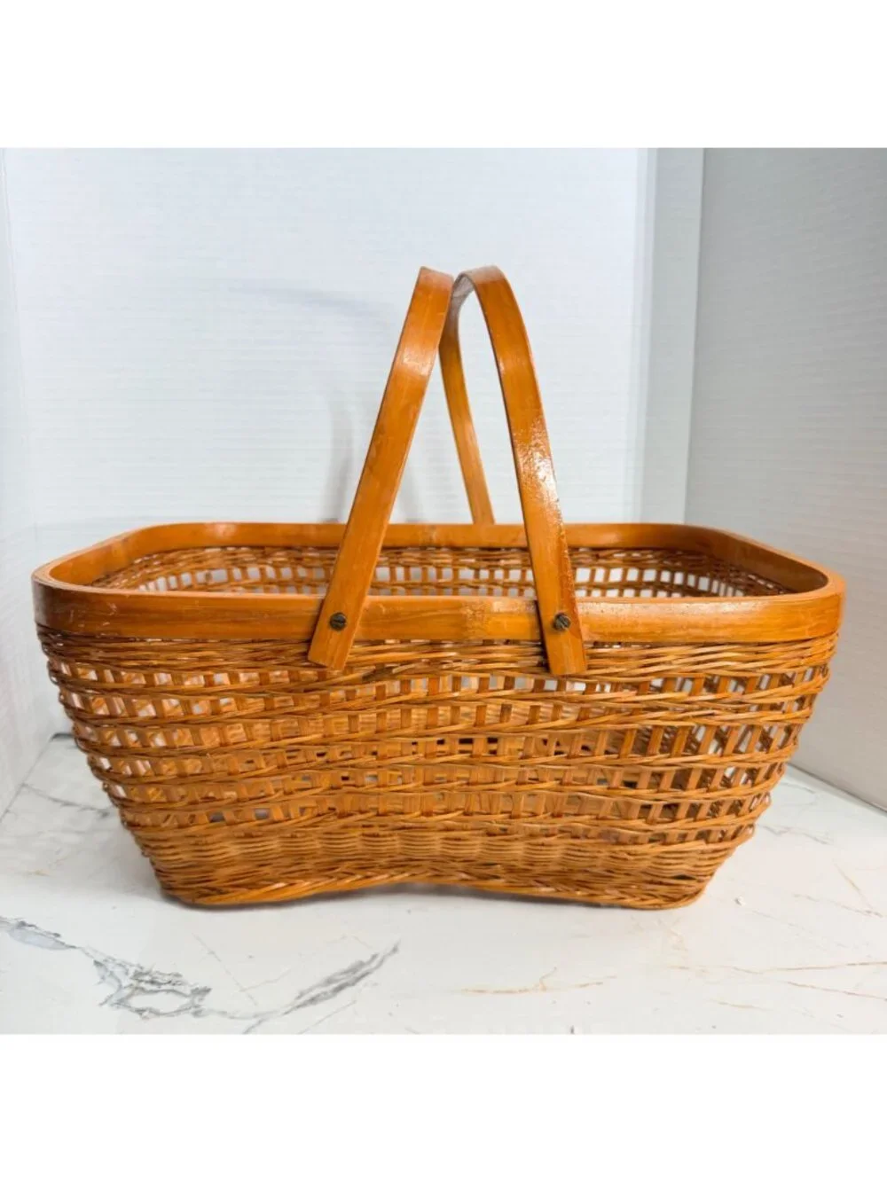 Vintage Wicker Picnic Basket Woven Gathering Market Basket Dual Handles Boho